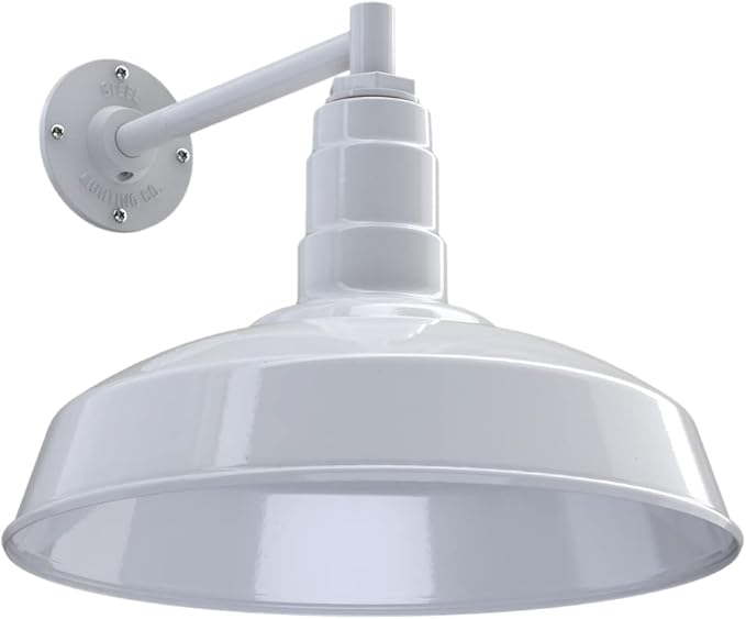 Steel Lighting Co. | Dusk to Dawn | Gardena Barn Light | Outdoor Wall Mounted | 16 Dome | 11 Straight Arm | Farmhouse Light Made in America | White Exterior/White Interior