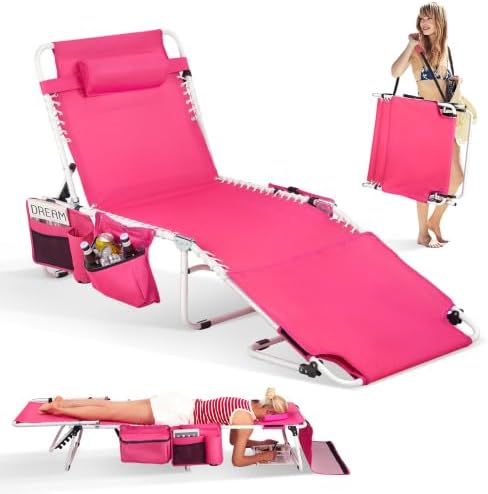 Bonnlo Oversized Tanning Chair with Face Hole Carrying Bag Folding Beach Lounge Chair for Adults Outdoor Sun Tanning Laying Out Chairs (Pink)