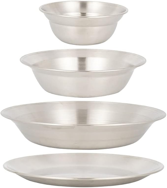 4PCS Camping Mess Kit Stainless Steel Camping Dishes Set Dinnerware for 1-2 Person Dishes and Bowl Set for Backpacking Hiking Picnic RV Travel