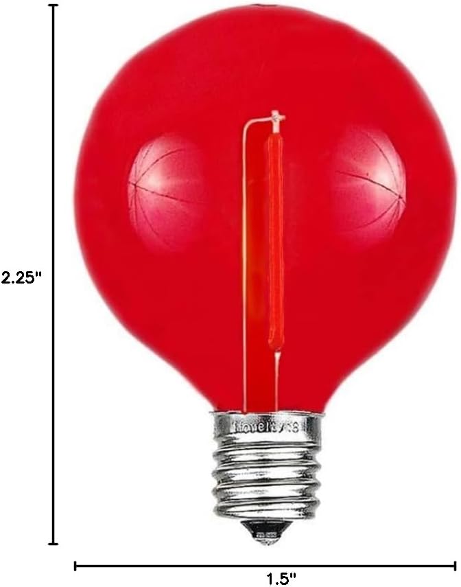 Novelty Lights 25 Pack Red G40 LED Filament String Light Bulbs E12/C7 Candelabra Base 5 Watt Equivalent Shatterproof Replacement Bulbs for Patios Canopy Lighting