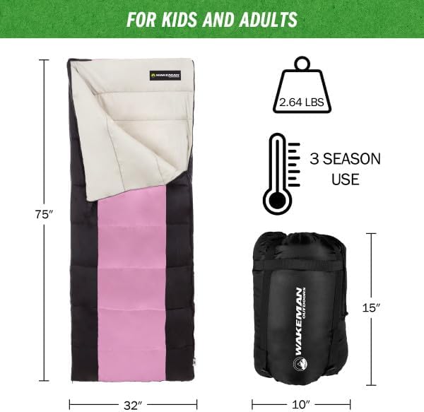 Sleeping Bag - 3 Season Warm and Cool Weather Sleeping Bags for Adults Teens and Kids - Lightweight Compact Spring Summer Fall Camping Sleeping Bag - Camping Essentials by Wakeman