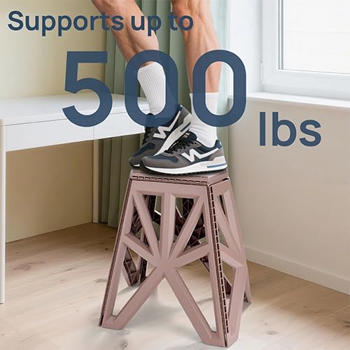 18 Folding Stool - Brown 1 Piece Portable Step Stool Foldable - No Assembly Needed 500lb Capacity - Non-Slip Collapsible Stool Chair for Kitchen Bathroom Camping RV
