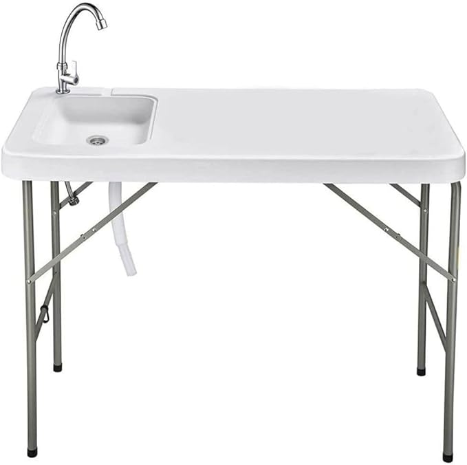 Folding Fishing Cleaning Table with Sink 4ft Portable Foldable Camping Outdoor Table with Faucet for Picnic Camping Kitchen Gardening White