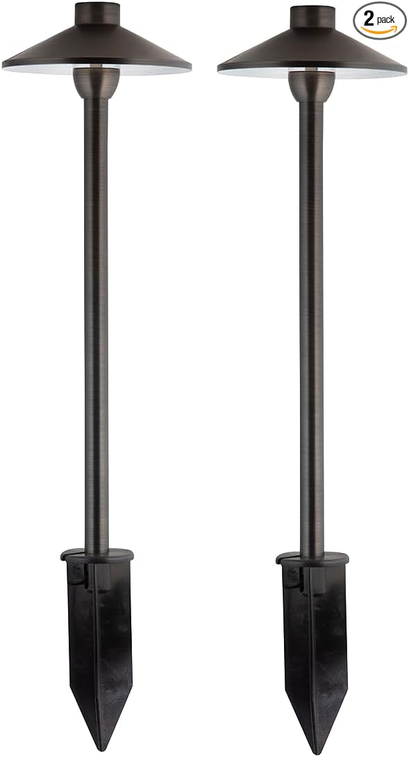 Proline RPL-8907 2-Pack 18 Brass Low Voltage Path Light – Solid Brass Bronze 12V LED Landscape Walkway &amp Garden Fixture Heavy-Duty Hat-Style Design Includes Ground Stake [W58374]