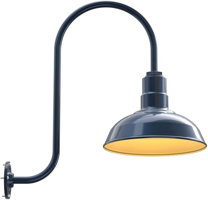 Steel Lighting Co. Westchester Barn Light | Outdoor Wall Mounted | 12 inch Dome | Upward Sloping Gooseneck | Warehouse Steel Light Made in America | Gray Blue Exterior/Brass Interior