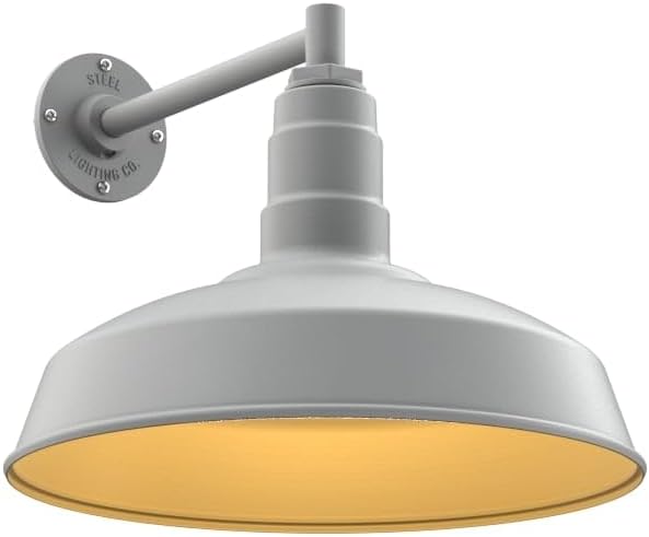 Steel Lighting Co. | Dusk to Dawn | Gardena Barn Light | Outdoor Wall Mounted | 16 Dome | 11 Straight Arm | Farmhouse Light Made in America | Modern Gray/Brass
