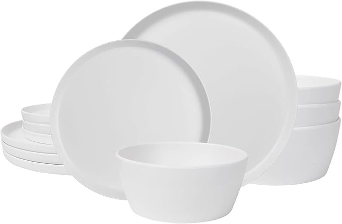 12-Piece Plastic Dinnerware Set Plates and Bowls Sets Service for 4 Matte White Melamine Plates Unbreakable Plastic Outdoor Camping Dishes Decor Dishwasher Safe