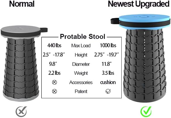 ALEVMOOM Upgraded 19.7 Portable Collapsible Folding Stool Retractable Telescoping Foldable Stool for Adults Heavy Duty Camping Sturdy with Max Load Capacity 1000lbs for Outdoor Fishing Hiking BBQ