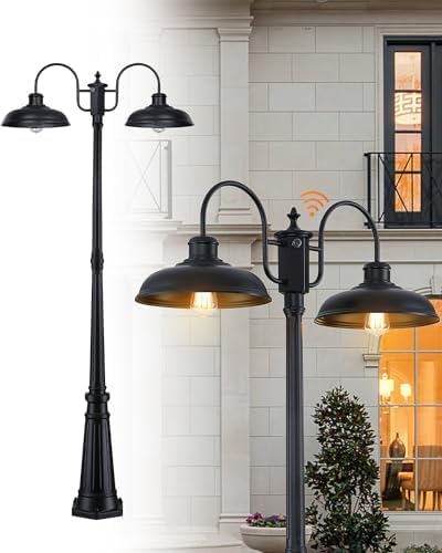 Outdoor Post Light Dusk to Dawn Outdoor Lamp Post Lights 2-Head Farmhouse Street Light Fixture Exterior Black Pole Lights Waterproof Lantern Lamp Outdoor Lighting for Garden Patio Pathway