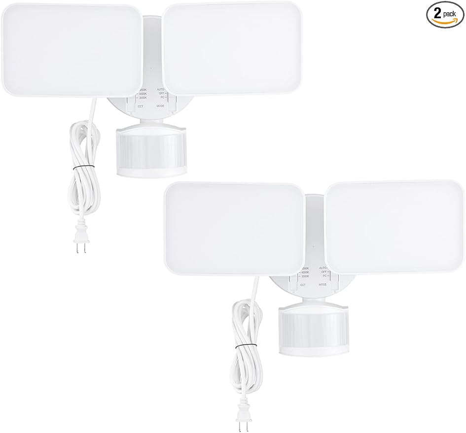 LEONLITE 25W 3CCT Plug in LED Security Light Motion Sensor &amp Dusk to Dawn Flood Lights Outdoor 3 Lighting Modes Adjustable 2-Head 3000K/4000K/5000K Selectable ETL&ampFCC Listed White Pack