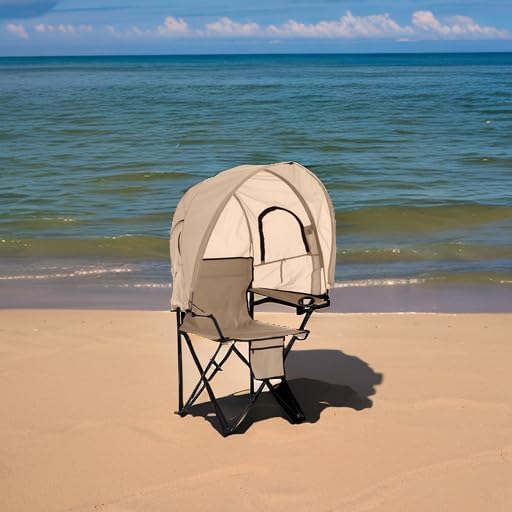 BrylaneHome Outdoor Oversized Canopy Tent Camp Chair Shade Folding Cupholder Zip Windows Storage Carrying Case Beach Yard Trip- Weight Capacity 350LB - Taupe