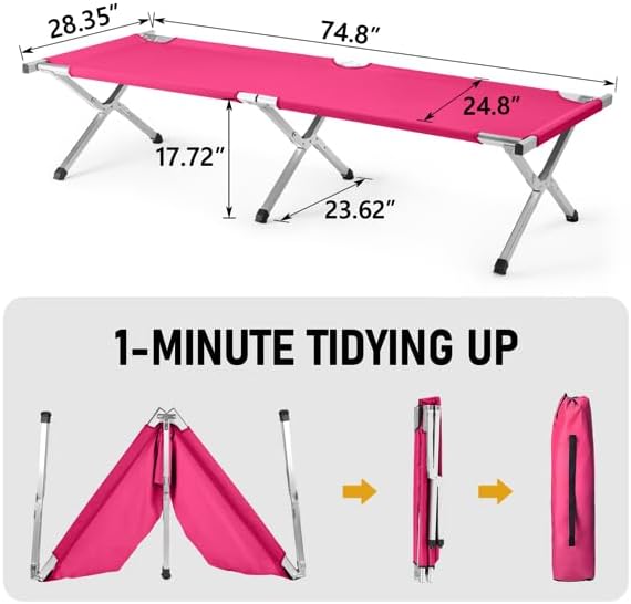 Portable Folding Camping Cot Heavy Duty Sleeping Bed with Carrying Bag 610D Oxford Cloth &amp Lightweight Aluminum Frame 275lbs Load Outdoor Cot for Adults Travel Hiking Office (Pink 1 Pack)