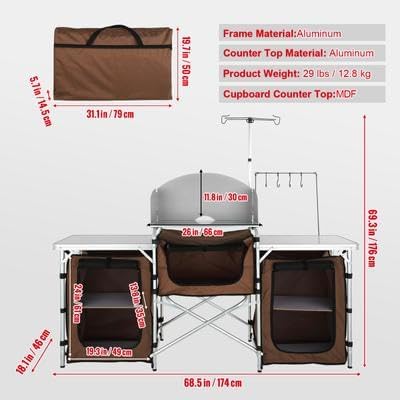 Happybuy Camping Kitchen Table Folding Outdoor Cooking Station with Storage Bag Aluminum Cook Table with 3 Cupboards &amp Detachable Windscreen Quick Setup for Picnics BBQs RV Travel Brown