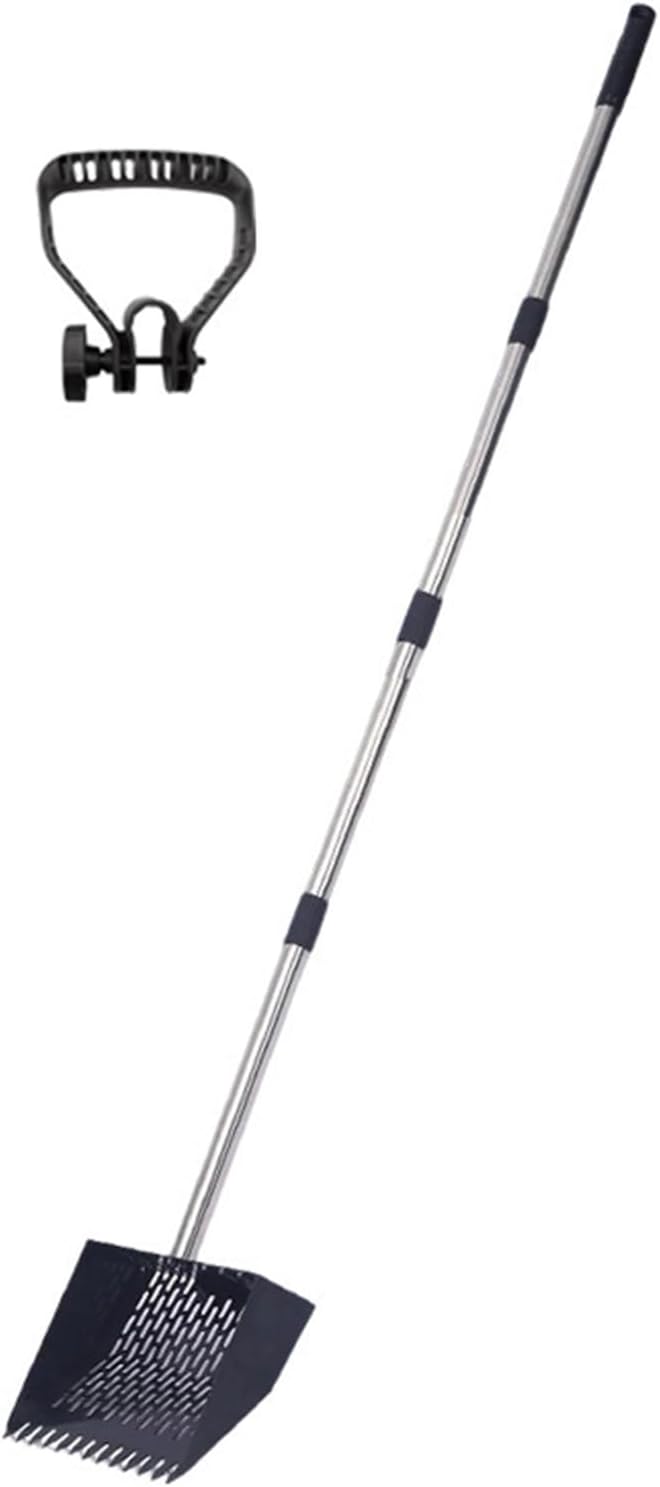 Adjustable manure shovel made of stainless steel with ergonomic and sieve plate for poultry farms. Durable manure shovel made of iron with rubber chain