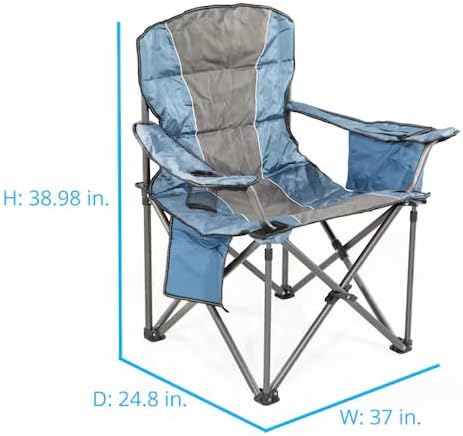 Heavy-Duty Folding Camping Chair with Cooler Bag Cup Holder &amp Carrying Strap – Blue &amp Gray 400 lb Capacity