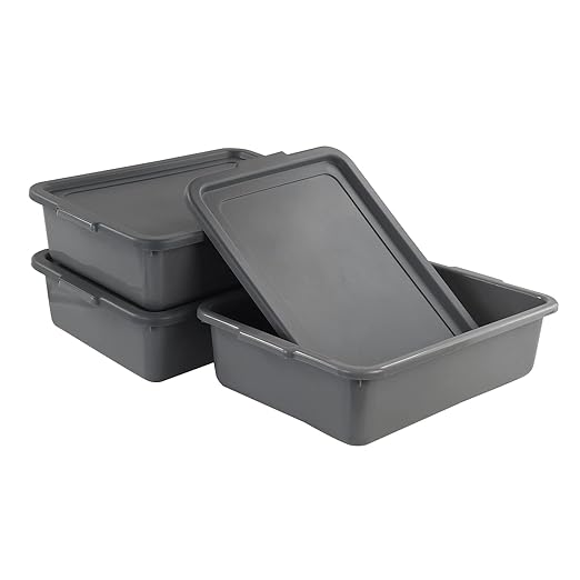 3-Pack 13 L Plastic Commercial Bus Tub Gray Bus Box with Lid