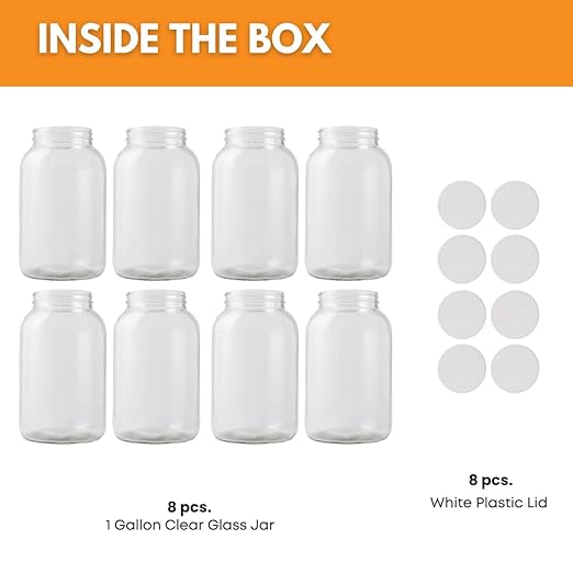FastRack 1 Gallon Glass Jar with White Plastic Lid (8-Pack) | Wide Mouth Fermentation &amp Storage Jars | Food-Grade Glass for Kombucha Pickling Dry Goods &amp Bulk Food Storage