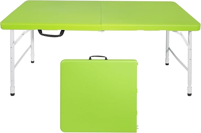 4 Foot Folding Table Utility TablePortable 4Ft Adjustable Height Folding Table Heavy Duty Fold-in-Half Table Small Utility Foldable Table Camping Table for Dining Picnics (Green)