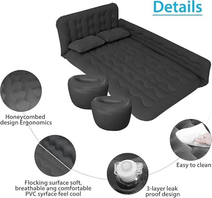 Air Mattress Bed for car Car Air Mattress with Inflation Pump 2 Inflatable Pillows and 2 Footrests for Back Seat Side Seat Trunk Sleeping Thickened Camping Bed - Black
