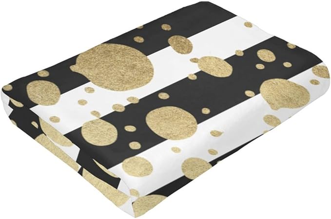80X60 Faux Gold Paint Splatter On Black &amp White Stripes Lightweight Flannel Blanket - Soft and Breathable Polyester Suitable for Travel Camping and Home Decoration