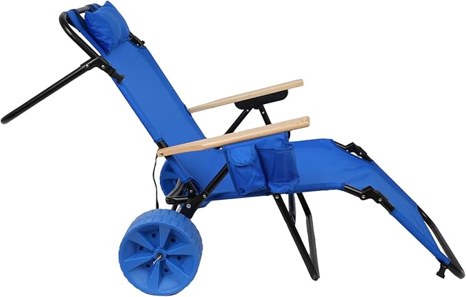 Beach Chair Cart with Wheels 2 in 1 Foldable Beach Lounge Chair Buggy Cart Large Wheels for Pool Backyard Sunbathing Picnic (Light Blue)