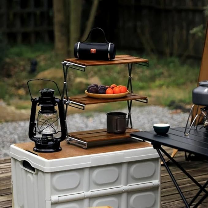 Three Level Solid Wood Outdoor Camping Rack Folding Multifunctional Storage Table Storage Display Rack Camping Coffee Table