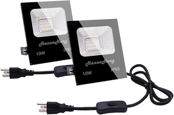 HANNAHONG 10W 2 Pack LED Flood Light with ON/Off Switch Plug inCool WhiteSecurity/Work/Plant GrowIP66 WaterproofReflector Spot-Light PorchGaragePatioYardGarden