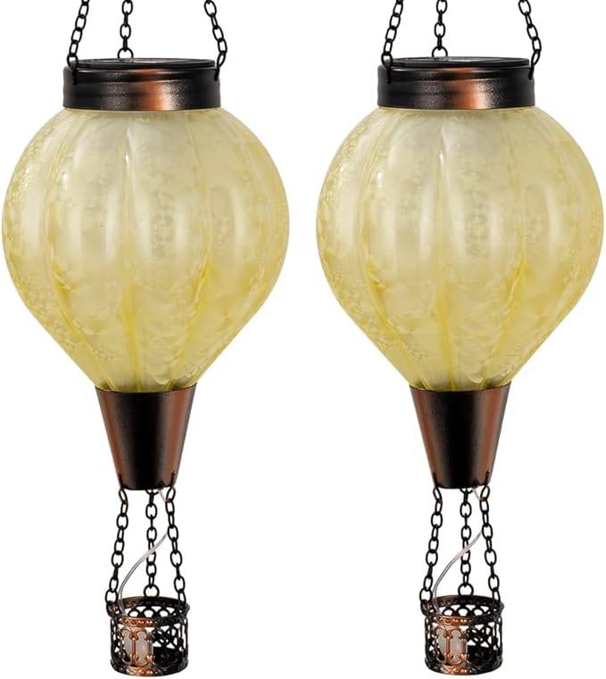 2 Pack Hanging Solar Air Balloon Lantern Outdoor Waterproof Hot Air Balloon Solar Lantern Flickering Flame Outside Decor for Garden Yard Patio Solars Lights Gifts for Mom Grandma（yellow）