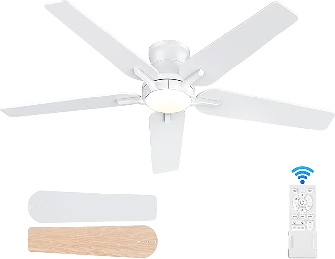 52 Inch White Ceiling Fans with Lights and Remote Flush Mount Low Profile Ceiling Fan for Bedroom Living Room Patio Dimmable 6 Speeds Noiseless Reversible ETL Listed