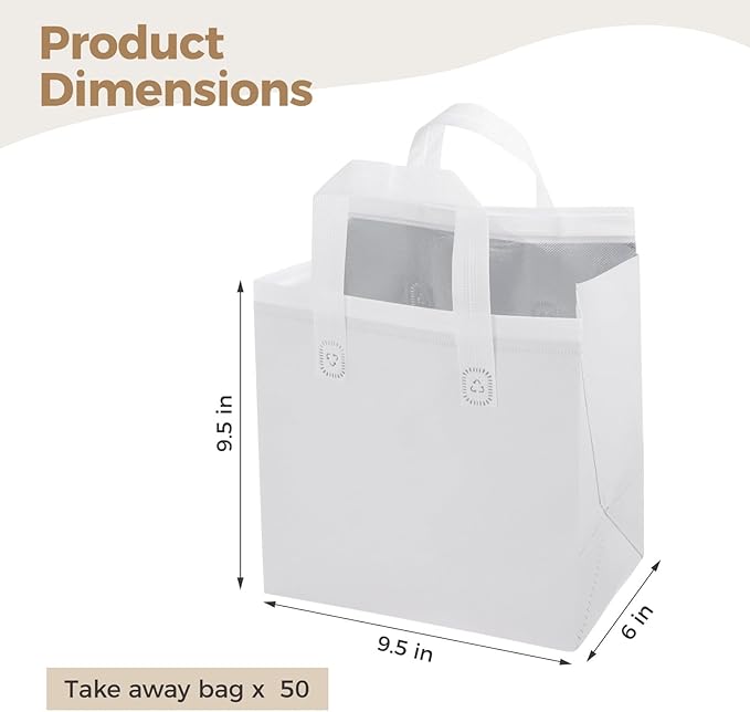 OMISTAR 50 PCS Insulated Take Away Bags 9.5x6x9.5 Thermal Containers - Commercial Grade Hot/Cold Pouches for Coffee Pizza &amp Grocery Delivery Professional Food Carriers
