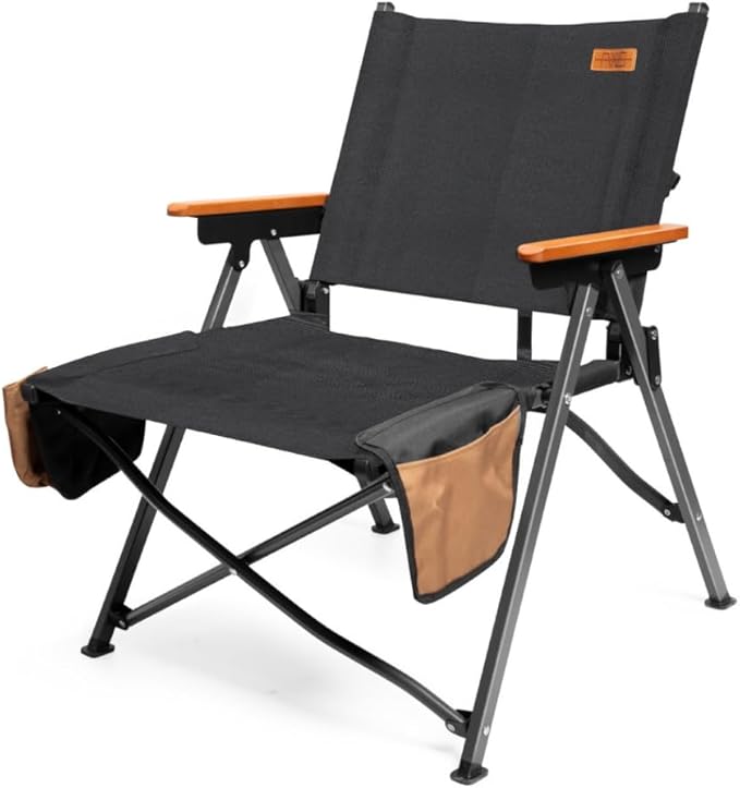 Folding Camping Chair Lightweight Portable Chair Wood Armrest with Side Pockets Cup Holder for Camping Picnic Concert Beach Fishing Outdoor