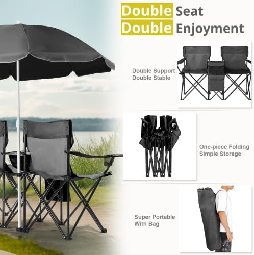 Camping Chairs Folding Double Chair with Removable Umbrella Cup Holders Cooler Bag Side Pocket &amp Carry Bag for Beach Outdoor Sports Concerts Travel Picnic