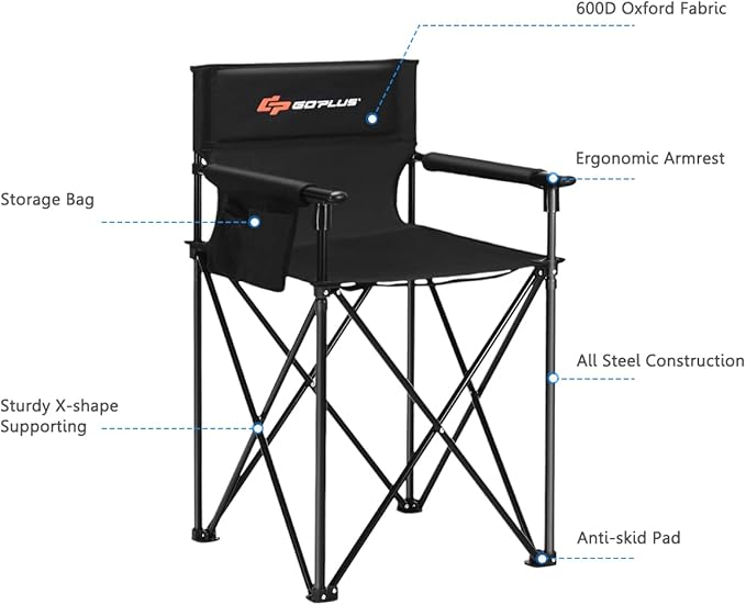 COSTWAY Folding Camping Chair 38.5” Height Portable Tall Directors Chair with Storage Pouches Detachable Armrests Carrying Bag for Fishing Picnic Lawn Black 250LBS Weight Capacity