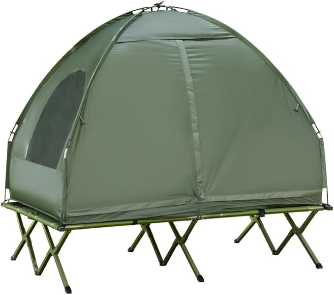 2 Person Foldable Camping Cot with Tent Bedspread and Thick Air Mattress 4-in-1 Elevated Camping Bed Tent for Outdoor Hiking Picnic Travel