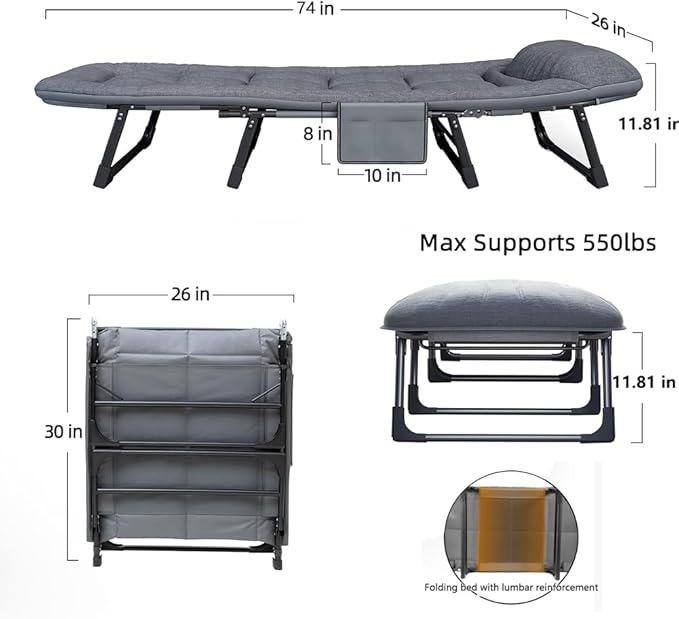 Camping Cot Portable Folding Bed for Adults 6 Position Adjustable Cot Recliner Chair with Pillow Heavy Duty Steel Frame Camping Office Nap Indoor Outdoor Use (Large(74in))
