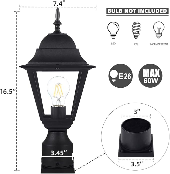 Outdoor Post LightWaterproof Cast Aluminium Lamp Post Light FixturePost Lantern with Pier Mount BaseMatte Black16.5inSuitable for GardenYardDrivewayetc