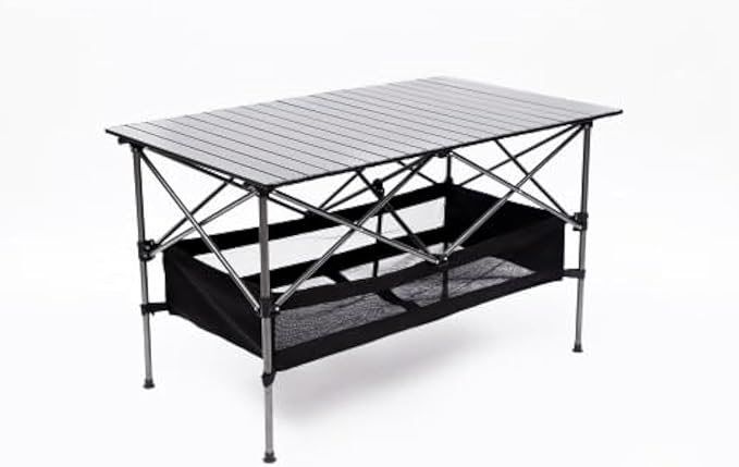 YISH W24172214 Folding Sturdy Aluminum Roll Storage Basket Rectangular Portable Table with Easy Carrying Bag for Outdoor Camping Picnics Beach BBQ Fishing Black