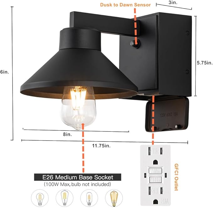 Dusk to Dawn Outdoor Barn Light Fixture with GFCI Outlet Powder-coated Black Waterproof Exterior Wall Light Sconce Photocell Sensor Porch Light Wall Mount with OutletModern Farmhouse Outside Lights