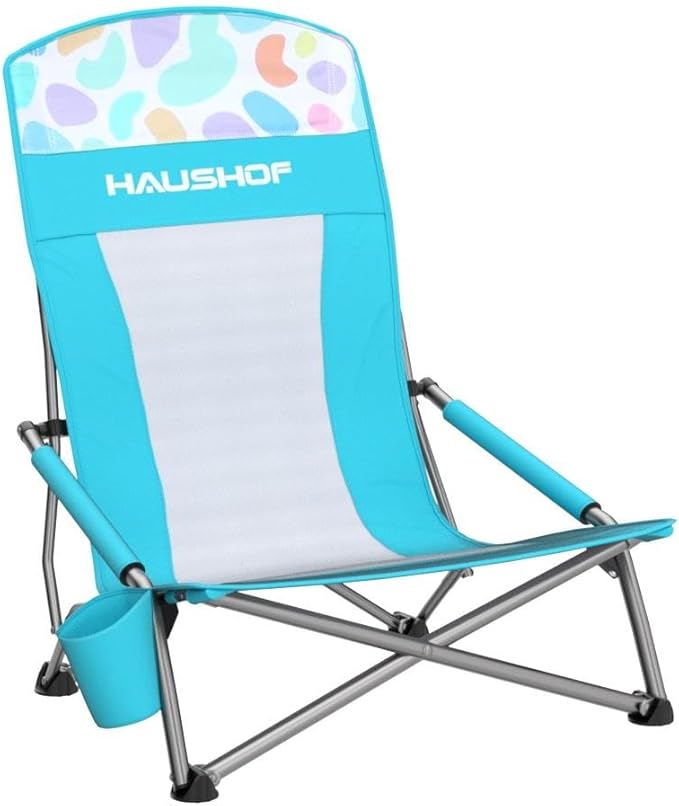 HAUSHOF High Back Beach Chair Mesh Back Folding Chair Lightweight Low Seat Camping Chairs with Cup Holder Carry Bag Padded Armrest for Outdoor Beach Lawn Camping Picnic Festival