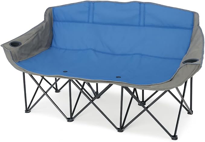 GoTEAM! Portable Folding Bench Couch – 3 Seat Collapsible Outdoor Chair with Cup Holders &amp Carry Bag – Heavy Duty 600D Nylon for Camping Sports Tailgating Beach &amp Backyard (Blue/Gray)