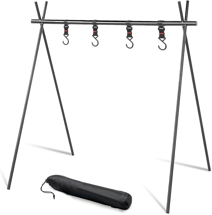 Foldable Tripod Camping Hanging Rack - 4 Hooks Outdoor Cookware Storage Portable Outdoor Camping Folding Rack (Large)