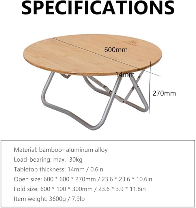 Topyond Camp Table Portable Aluminum Alloy Folding Round Table Lightweight Bamboo Top Camping Table Aluminum Folding Tab for Camping Picnic Self Driving Travel