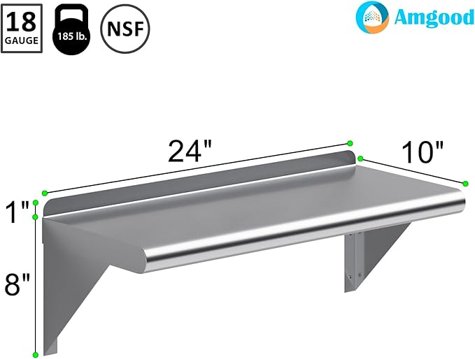AmGood 10 in. x 24 in. Stainless Steel Wall Shelf | NSF | Metal Shelving | Garage Laundry Storage Utility Room | Restaurant Commercial Kitchen