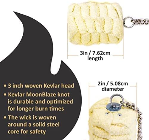 FIRE MECCA Fire Poi Set – 3 Inch Woven Kevlar MoonBlaze Heads – Set of 2 – Custom Length – Twist Link Chain – Flow Spinning Circus Dance Prop – for Festivals &amp Performances
