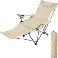 Folding Camping Chair with Armrests Portable Outdoor Lawn Chair with Detachable Headrest Lightweight Fishing Chair for Picnic Beach Lawn Balcony(Beigewith Footstool)