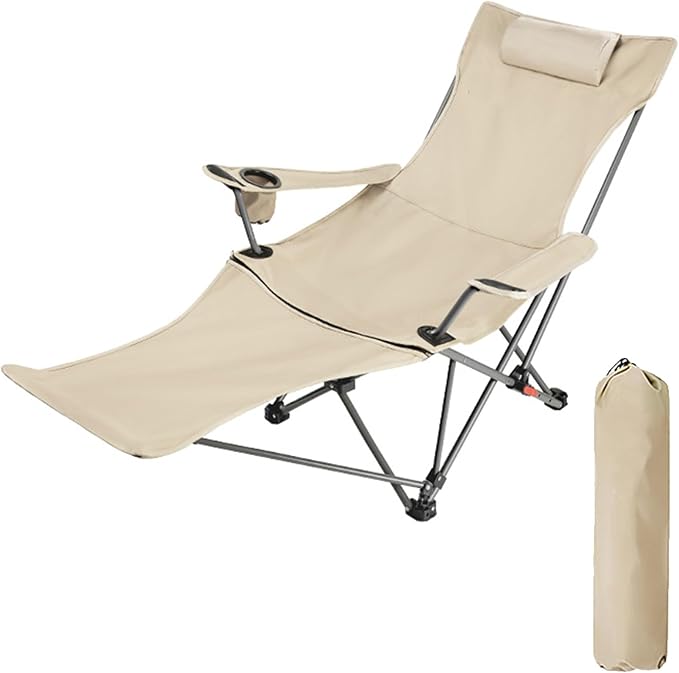 Folding Camping Chair with Armrests Portable Outdoor Lawn Chair with Detachable Headrest Lightweight Fishing Chair for Picnic Beach Lawn Balcony(Beigewith Footstool)