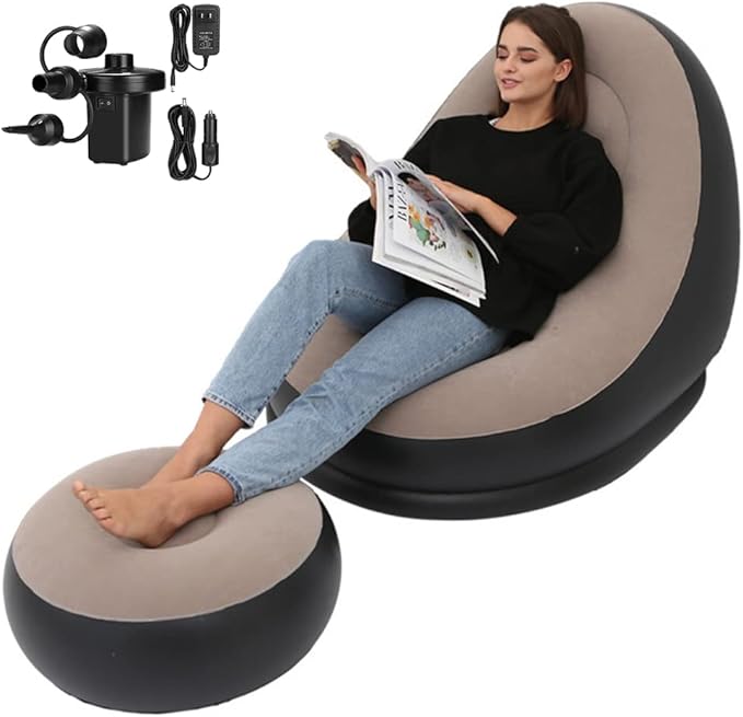 STARBRILLIANT Inflatable Living Room Furniture Chair with Stool for Resting Feet Indoor Foldable Deck Chaise Lounges with Air Pump Travel Camping Picnic Beach Chair(Brown)