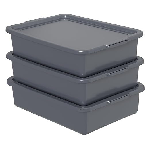 Gray Bus Box with Lid 13 L Plastic Commercial Bus Tub 3 Packs