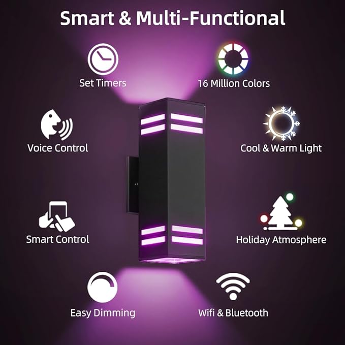 SHIMR Smart Outdoor Lights RGBCW Color Changing Outdoor Lights Modern Exterior Lighting Fixture Aluminum with Remote Control Black Up and Down Lighting for House Compatible with Alexa [ETL Listed]