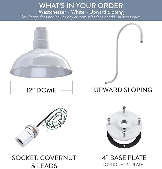 Steel Lighting Co. Westchester Barn Light | Outdoor Wall Mounted | 12 inch Dome | Upslope Gooseneck| Warehouse Steel Light Made in America | White Exterior/White Interior